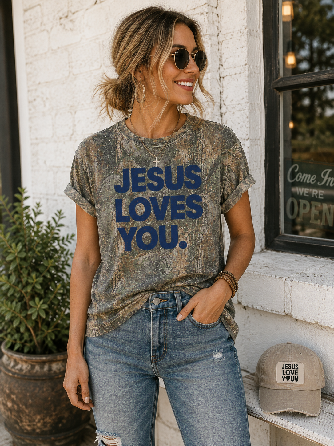 Jesus Loves You Camo Graphic Tee(Blue)