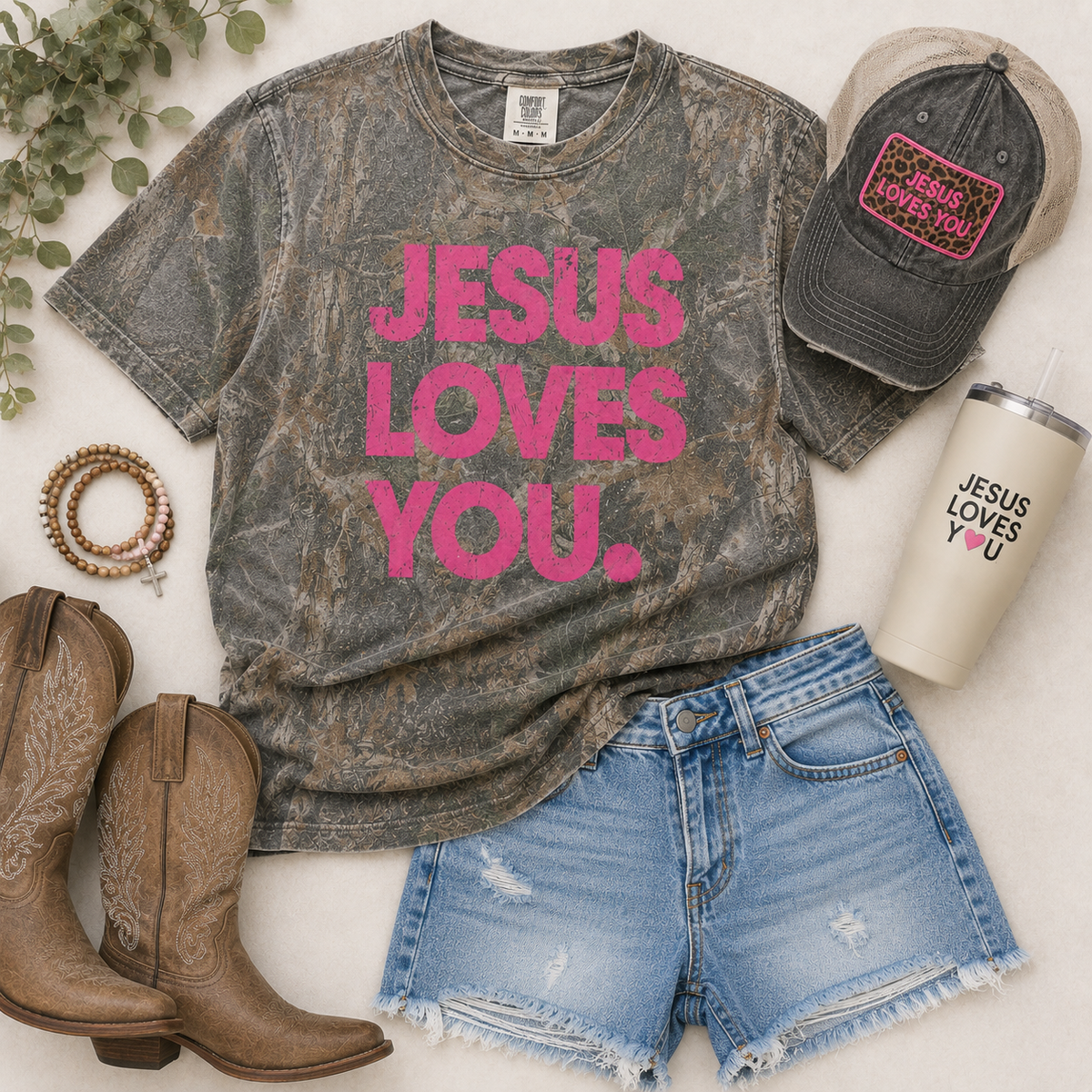 Jesus Loves You Camo Graphic Tee (Pink)