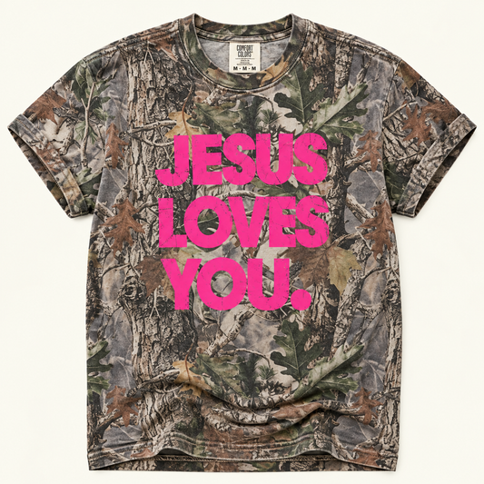 Jesus Loves You Camo Graphic Tee (Pink)