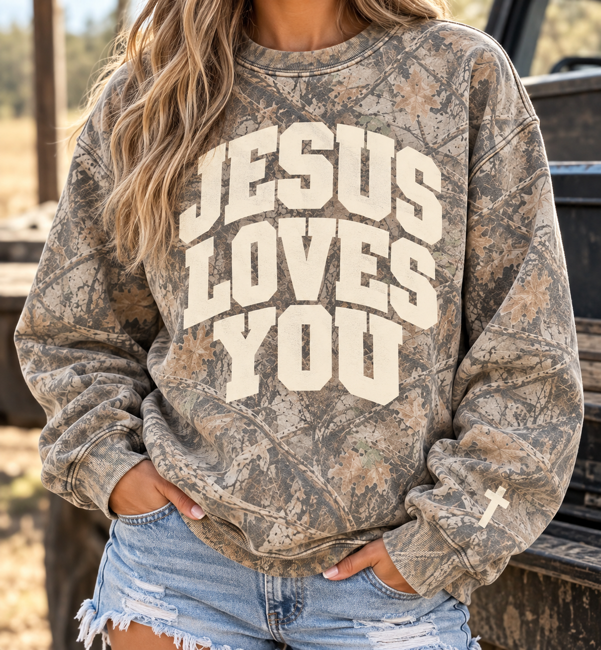 Jesus Loves You  Deadwood Tree Camo Crew Neck Sweatshirt(Cream) (Copy)