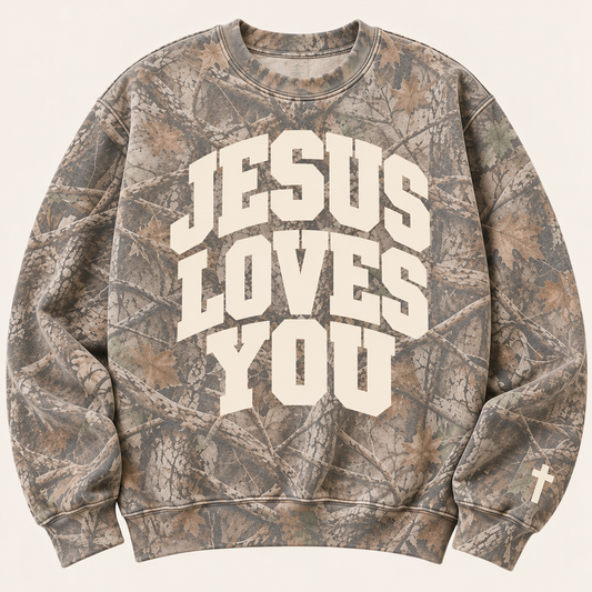 Jesus Loves You  Deadwood Tree Camo Crew Neck Sweatshirt(Cream) (Copy)